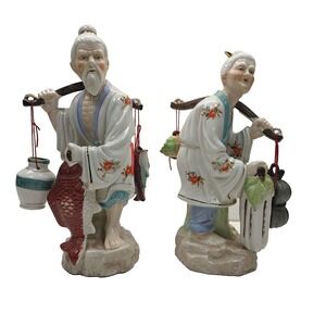 Heavy Weight 1960s 13.5-14" Rare Ceramic Porcelain Old Chinese Couple Working